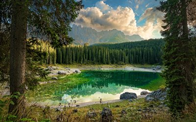 Carezza Lake, 4k, mountains, beautiful nature, lakes, Italy, forest, Dolomites, italian landmarks, Europe, italian nature