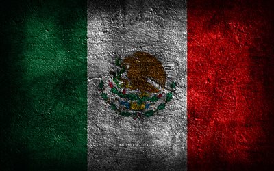 4k, 멕시코 국기, 돌 질감, 멕시코의 국기, 돌 배경, 그런지 아트, 멕시코 국가 상징, 멕시코