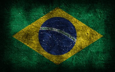 4k, 브라질 국기, 돌 질감, 브라질의 국기, 돌 배경, 그런지 아트, 브라질 국가 상징, 브라질