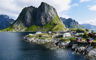 reine, lofoten, mer de norvège, village, côte, îles lofoten, nordland, paysage de montagne, norvège, municipalité de moskenes
