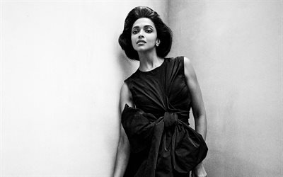 Deepika Padukone, portrait, monochrome, photoshoot, black dress, Indian actress, Indian star, Bollywood