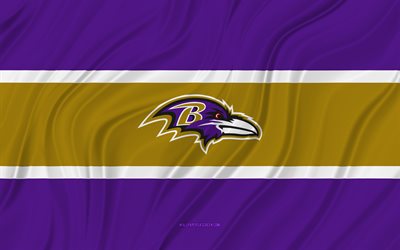 ravens de baltimore, 4k, drapeau ondulé jaune violet, nfl, football américain, drapeaux en tissu 3d, drapeau des ravens de baltimore, équipe de football américain, logo des ravens de baltimore