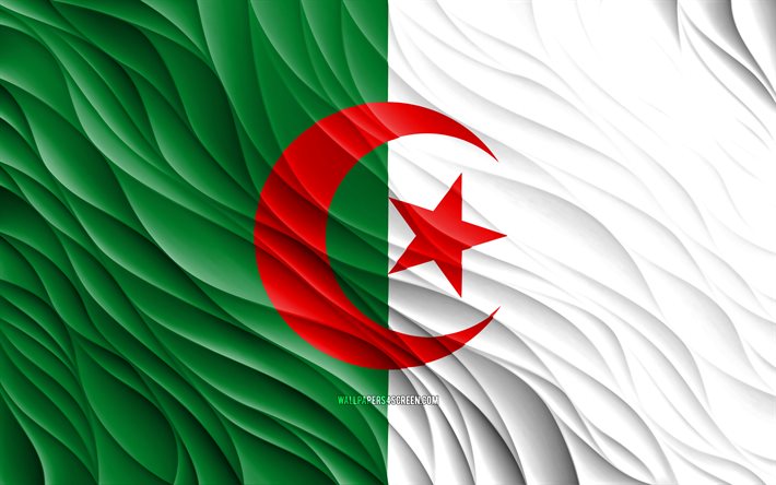 4k, algeriets flagga, vågiga 3d-flaggor, afrikanska länder, algeriets dag, 3d-vågor, algeriska nationella symboler, algeriet