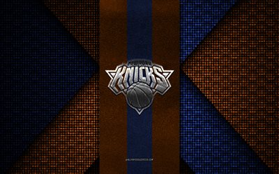 New York Knicks, NBA, blue yellow knitted texture, New York Knicks logo, American basketball club, New York Knicks emblem, basketball, New York, USA
