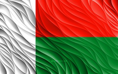 4k, علم مدغشقر, أعلام 3d متموجة, الدول الافريقية, يوم مدغشقر, موجات ثلاثية الأبعاد, رموز مدغشقر الوطنية, مدغشقر