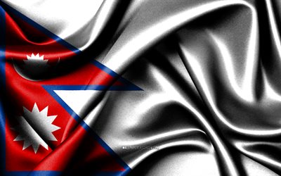 ネパールの旗, 4k, アジア諸国, ファブリックフラグ, ネパールの日, 波状のシルクの旗, ヨーロッパ, ネパールの国家シンボル, ネパール