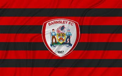 barnsley fc, 4k, bandera ondulada negra roja, campeonato, fútbol, banderas de tela 3d, bandera de barnsley fc, logotipo de barnsley fc, club de fútbol inglés, fc barnsley