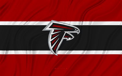 falcons d atlanta, 4k, drapeau ondulé noir rouge, nfl, football américain, drapeaux en tissu 3d, drapeau des falcons d atlanta, équipe de football américain, logo des falcons d atlanta
