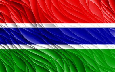 4k, علم غامبيا, أعلام 3d متموجة, الدول الافريقية, يوم غامبيا, موجات ثلاثية الأبعاد, الرموز الوطنية الغامبية, غامبيا