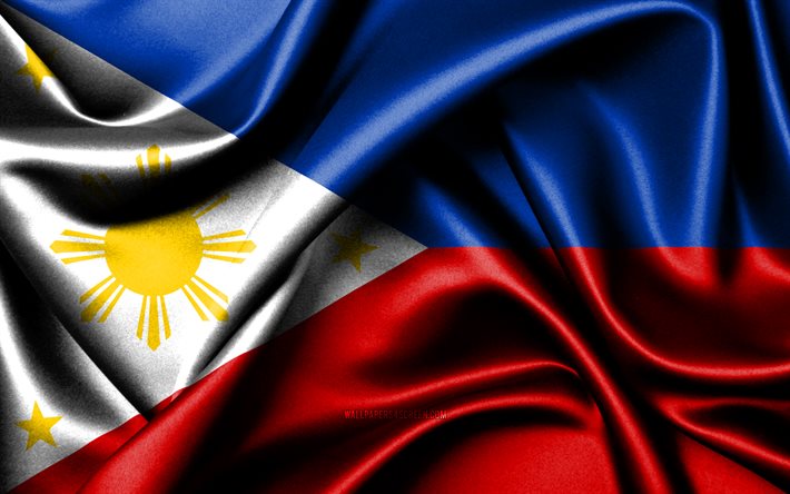 필리핀 국기, 4k, 아시아 국가, 패브릭 플래그, 필리핀의 날, 필리핀의 국기, 물결 모양의 실크 깃발, 아시아, 필리핀 국가 상징, 필리핀 제도
