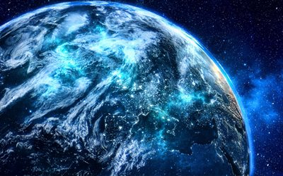 blue global background, 4k, Earth from space, communications, blue Earth background, digital planet, information, communication systems