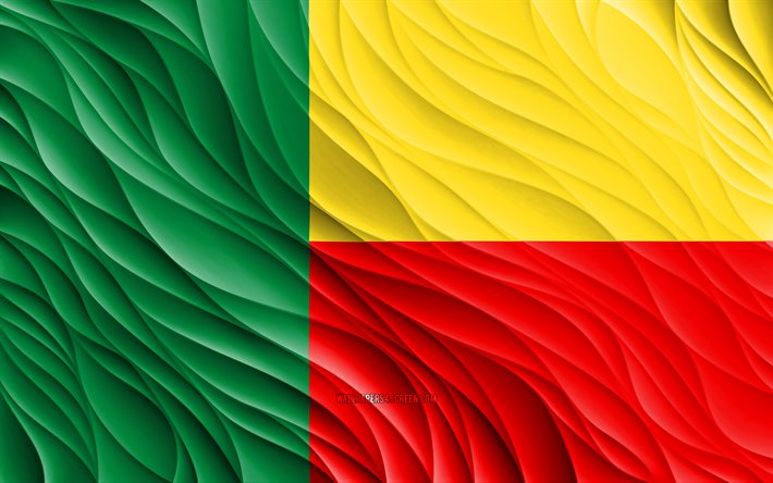 4k, علم بنين, أعلام 3d متموجة, الدول الافريقية, يوم بنين, موجات ثلاثية الأبعاد, رموز بنين الوطنية, بنين