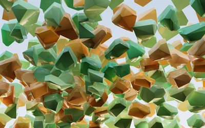 orange green 3d background, 3d stones background, 3d fragments of stones, stones in the air, green stones, orange stones, creative 3d background