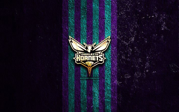logotipo dorado de los charlotte hornets, 4k, fondo de piedra violeta, nba, equipo de baloncesto americano, logotipo de los charlotte hornets, baloncesto, charlotte hornets