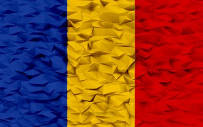 drapeau de la roumanie, 4k, 3d polygone de fond, polygone 3d texture, drapeau roumain, 3d drapeau de la roumanie, symboles nationaux roumains, art 3d, roumanie
