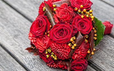 ramo de novia, 4k, rosas rojas, ramo de rosas, fondo de boda, capullos de rosas rojas