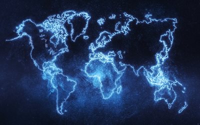 blue neon world map, blue world map silhouette, neon world map, world map concepts, continents, digital world background, world map