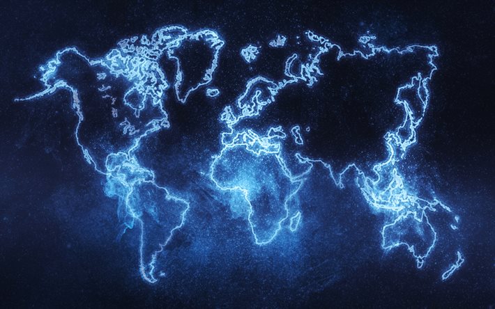 青いネオンの世界地図, 青い世界地図のシルエット, ネオン世界地図, 世界地図の概念, 大陸, デジタル世界の背景, 世界地図