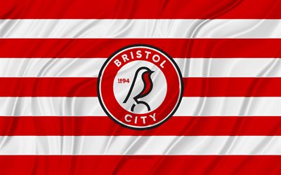 bristol city fc, 4k, bandiera ondulata bianca rossa, campionato, calcio, bandiere in tessuto 3d, bandiera bristol city fc, logo bristol city fc, squadra di calcio inglese