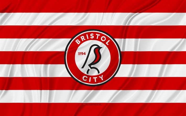 bristol city fc, 4k, röd vit vågig flagga, championship, fotboll, 3d-tygflaggor, bristol city fc-flagga, bristol city fc-logotyp, engelsk fotbollsklubb