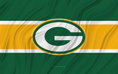 Green Bay Packers, 4K, green yellow wavy flag, NFL, american football, 3D fabric flags, Green Bay Packers flag, american football team, Green Bay Packers logo