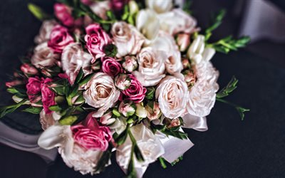 bouquet de mariage, 4k, roses roses, roses violettes, bouquet de roses, bouquet de la mariée, des roses, de beaux bouquets, fond de mariage, bouquet de roses violettes, mariage