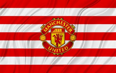 manchester united fc, 4k, kırmızı beyaz dalgalı bayrak, premier lig, futbol, 3d kumaş bayraklar, manchester united bayrağı, manchester united logosu, ingiliz futbol kulübü, manchester united