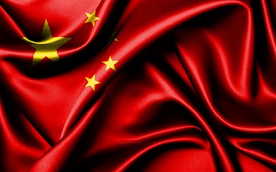 중국 국기, 4k, 아시아 국가, 패브릭 플래그, 중국의 날, 중국의 국기, 물결 모양의 실크 깃발, 아시아, 중국 국가 상징, 중국