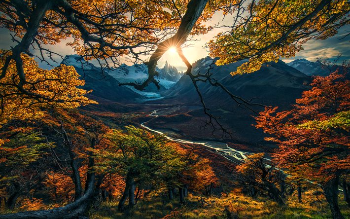 patagonien, solnedgång, höst, vacker natur, dal, berg, argentina, sydamerika, flod
