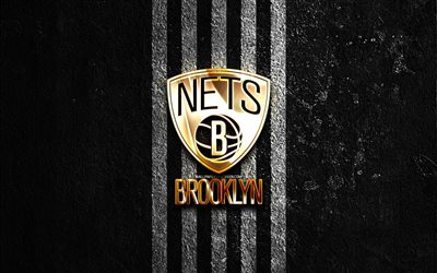 Brooklyn Nets golden logo, 4k, black stone background, NBA, american basketball team, Brooklyn Nets logo, basketball, Brooklyn Nets