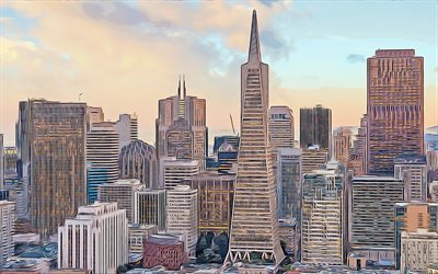 4k, San Francisco, Downtown, Financial District, Transamerica Pyramid, vector art, San Francisco cityscape, San Francisco drawings, USA, California