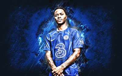 Raheem Sterling, Chelsea FC, English footballer, attacking midfielder, portrait, blue stone background, football, Premier league, England, Sterling Chelsea