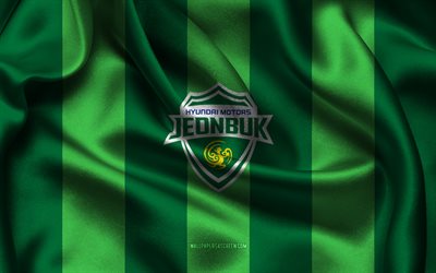 4k, logo jeonbuk hyundai motors, tessuto di seta verde, squadra di calcio sudcoreana, emblema di jeonbuk hyundai motors, k league 1, jeonbuk hyundai motors, corea del sud, calcio, bandiera di jeonbuk hyundai motors