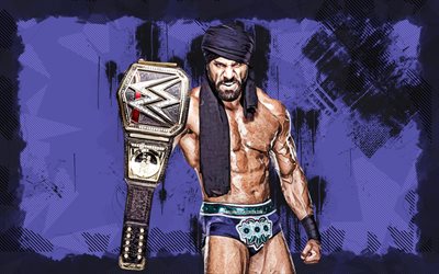 4k, Jinder Mahal, grunge art, WWE, Canadian wrestlers, wrestling, Jinder Mahal with belt, Yuvraj Singh, violet grunge background, wrestlers, Jinder Mahal 4K