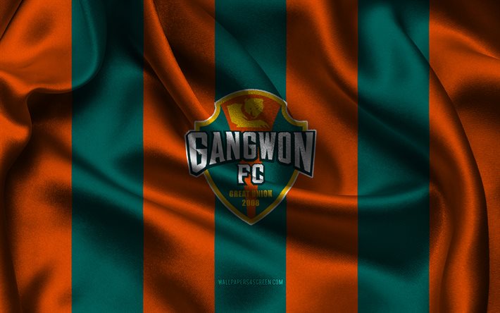 4k, شعار gangwon fc, نسيج الحرير الأخضر البرتقالي, فريق كرة القدم في كوريا الجنوبية, k league 1, gangwon fc, كوريا الجنوبية, كرة القدم, gangwon fc العلم
