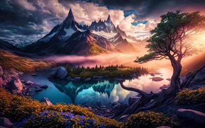 vuoristojärvi, 4k, auringonlasku, pilvet, taideteos, vuoristohuippu, vuoret, saari
