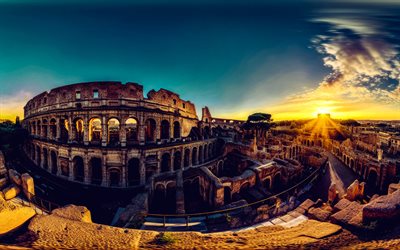 4k, Colosseum, Rome, evening, sunset, Colosseum ruins, Rome landmark, Rome cityscape, Italy
