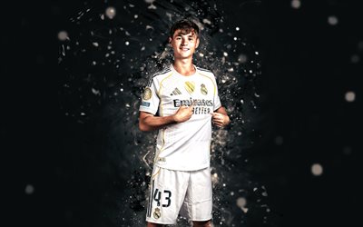 डिएगो अगुआडो, 4k, सफेद नीयन रोशनी, वास्तविक मैड्रिड, ला लीगा, स्पेनिश फुटबॉलर, डिएगो अगुडो 4k, फ़ुटबॉल, फुटबॉल, लालिगा, रियल मैड्रिड सीएफ, डिएगो एगुडो रियल मैड्रिड