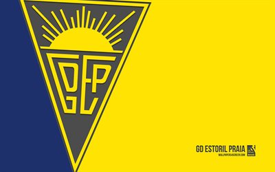 logotipo gd estoril praia, 4k, fundo amarelo, arte de carbono, emblema gd estoril praia, clube de futebol português, primeira liga, portugal, gd estoril praia, futebol, estoril praia