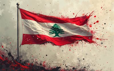 bandera del líbano en el asta de asta, 4k, salpicaduras de pintura, bandera de grunge del líbano, fondo de grune, líbano, bandera del líbano