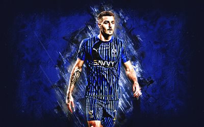 Sergej Milinkovic-Savic, Al Hilal, blue stone background, grunge art, Saudi Professional League, Serbia, Serbian footballers, football, soccer, Al-Hilal SFC, Al Hilal Saudi Club, Al Hilal SFC