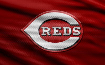 Cincinnati Reds fabric logo, 4k, red fabric background, MLB, bokeh, Cincinnati Reds logo, baseball, Cincinnati Reds emblem, USA, american baseball team, Cincinnati Reds