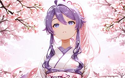 4k, कामुई गकुपो, चेरी खिलना, मुखर, किमोनो, वसंत, वोकलॉइड वर्ण, मंगा, कमुई गकुपो वोकलॉइड