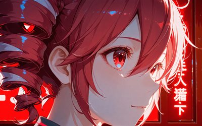 4k, kasane teto, jeroglíficos, vocaloide, luces de neón rojo, vocaloid 0401, teto kasane, de cerca, personajes vocaloides, kasane teto vocaloid