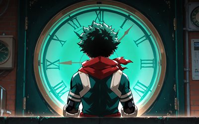4k, izuku midoriya, vista traseira, relógio, minha academia de heróis, noite, deku, fechar se, obra de arte, boku no hero academia, midoriya izuku, mangá, izuku midoriya minha academia herói