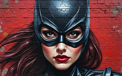 4k, bateador, obra de arte, pintada, superhéroes, arte callejero, dc comics, muro de ladrillo rojo, graffiti de batwoman, katherine kane, batwoman 3d, kate kane, fan art, batwoman 4k
