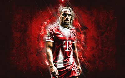 sacha boey, fc bayern münchen, französischer fußballer, roter steinhintergrund, grunge  kunst, bayern münchen, bundesliga, deutschland, fußball, sacha boey bayern münchen