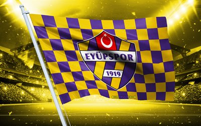 4k, logotipo de eyupspor, club de fútbol turco, bandera del estadio, fanks de los fanáticos de eyupspor, bandera morada amarilla, emblema de eyupspor, super liga, pavo, fútbol americano, eyupspor