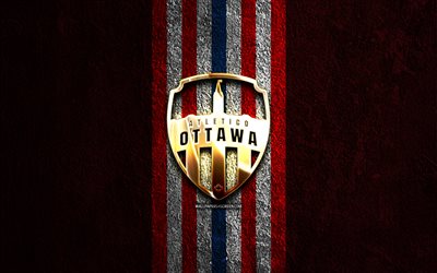 el logotipo de oro del atlético de ottawa, 4k, fondo de piedra roja, la premier league canadiense, el club de fútbol canadiense, el logotipo del atlético de ottawa, el fútbol, el atlético de ottawa, el atlético de ottawa fc
