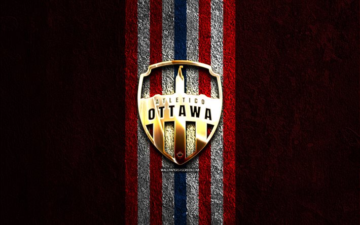 o atlético ottawa logotipo dourado, 4k, pedra vermelha de fundo, canadian premier league, clube de futebol canadense, o atlético ottawa logotipo, futebol, o atlético ottawa, o atlético ottawa fc